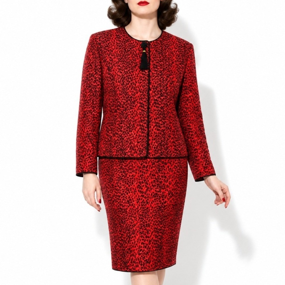 Vintage Maggy London Leopard Print Silk Jacket Womens 10 Red Quilted Tassel Top